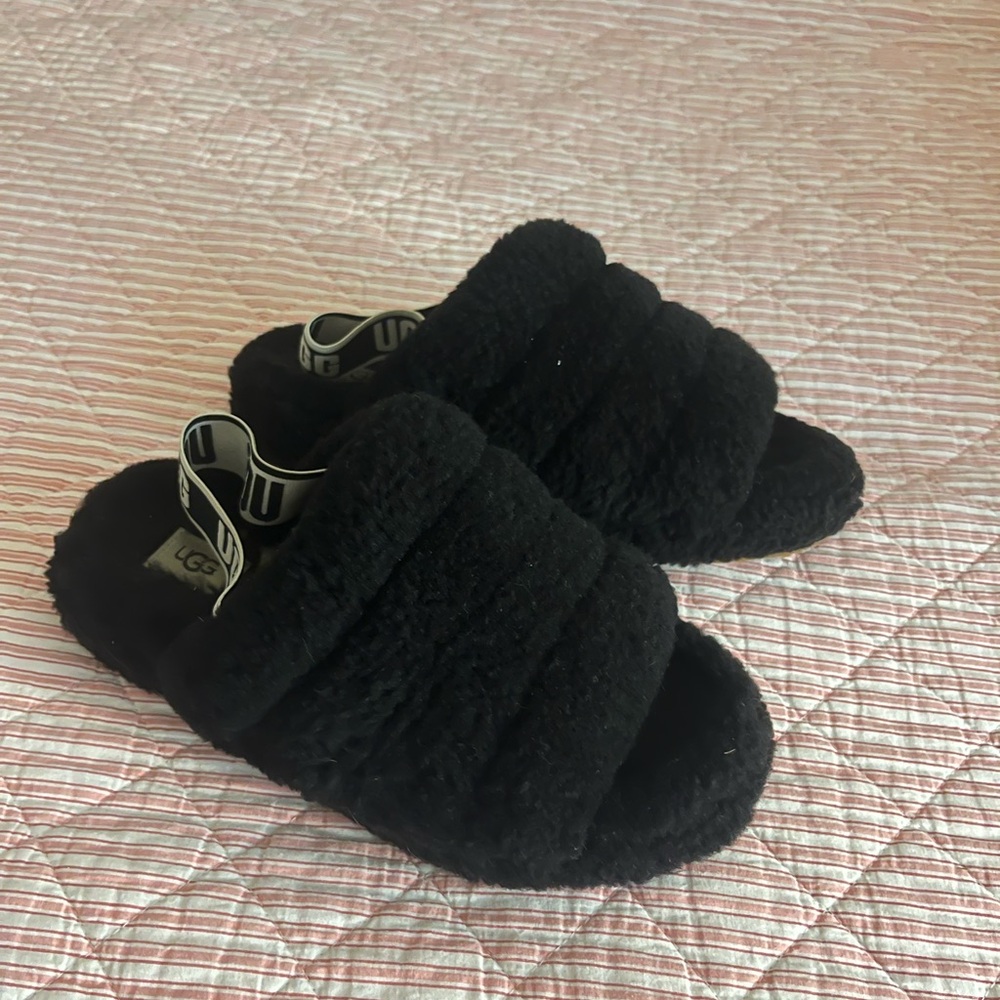 UGG Black Fuzzy Slippers
